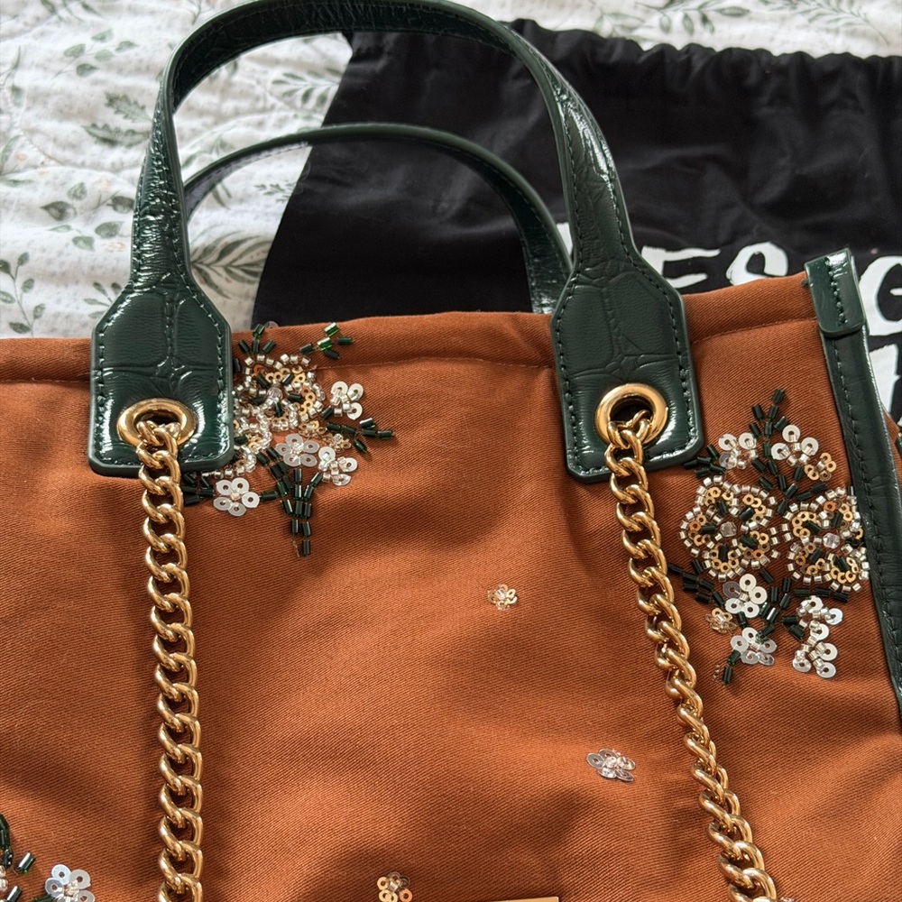 Kurt Geiger Embroidered Sequin Green Brown Tote Shoulder Crossbody Bag NWT - Picture 14 of 16